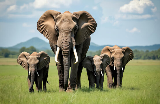 African elephants family walk on green meadow. Huge wild animals together in green grass with mountains background. Travel adventure in Africa for wild animal watching.