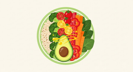 Overhead view of a healthy and colorful vegan bowl with rice, avocado, broccoli, tomatoes, spinach, and carrots