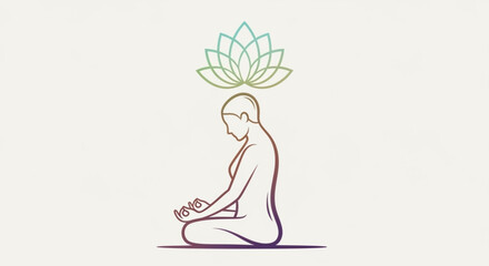 Minimalist yoga pose illustration with a lotus flower above the head, symbolizing peace, spirituality, and wellbeing