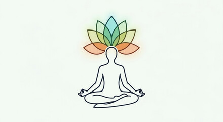 Colorful yoga meditation pose with a lotus flower above the head, representing enlightenment, balance, and inner peace