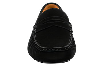 Fototapeta premium Men's black suede penny loafer casual shoe front view isolated on a transparent background