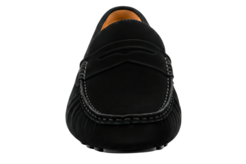 Men's black suede penny loafer casual shoe front view isolated on a transparent background