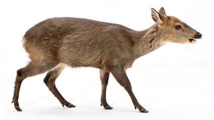 Realistic Musk Deer on white studio background, detailed small deer with slender legs, tufted fur, and visible tusks, isolated wildlife portrait, sharp focus, professional lighting