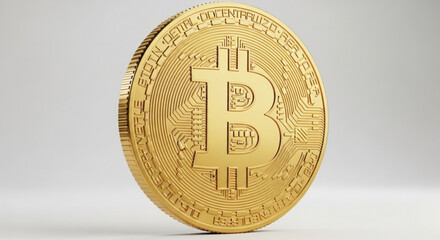 Closeup of a shiny golden bitcoin coin on a white surface, showcasing its intricate design and the concept of digital currency