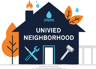 Illustration of a dark blue house with 'UNIVIED NEIGHBORHOOD' text, featuring icons for fire, water, and various home repair tools, surrounded by autumn leaves.