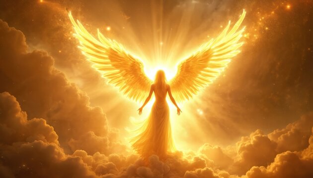 Golden angelic figure appears in bright glowing light with large feathered wings. Divine being stands amid clouds radiating power and spirituality, a celestial vision. - Powered by Adobe