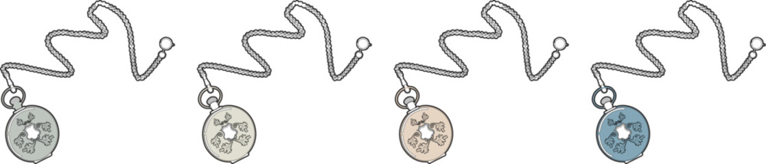 Fototapeta premium Illustrations of classic pocket watches with chains. A set of four, each with a unique pastel color, ideal for design projects needing vintage charm and intricate detail