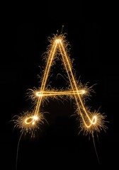 Golden Sparkler Light Painting Alphabet Complete Firework Typography Set on Black Background the letter A