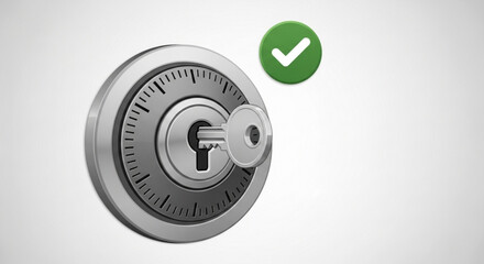 A combination lock with a key inserted and a green checkmark floating nearby, security concept illustration