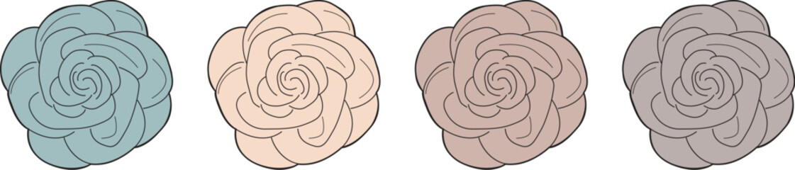 A collection of four stylized roses in varying pastel hues, displayed side-by-side
