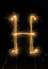 Golden Sparkler Light Painting Alphabet Complete Firework Typography Set on Black Background the letter H