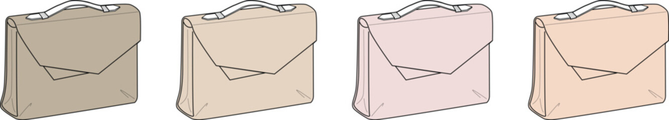Four distinct vector briefcases, showcasing subtle color variations from pastel to earthy tones, ideal for versatile business, fashion, and professional graphic design assets