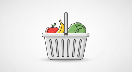 Shopping basket filled with fresh food apple, banana, and broccoli inside a white shopping basket with handle