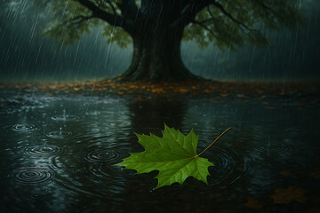 Naklejka premium Green Leaf Floating on Rainy Pond near Tree in Peaceful Natural Scene