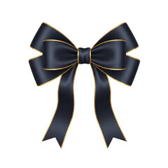 Elegant dark blue satin bow with gold trim on a black background