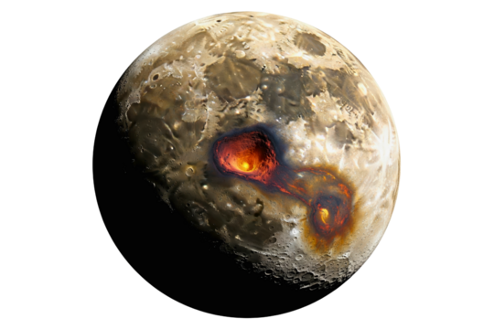 Volcanically active moon with lava erupting from craters isolated on a transparent background