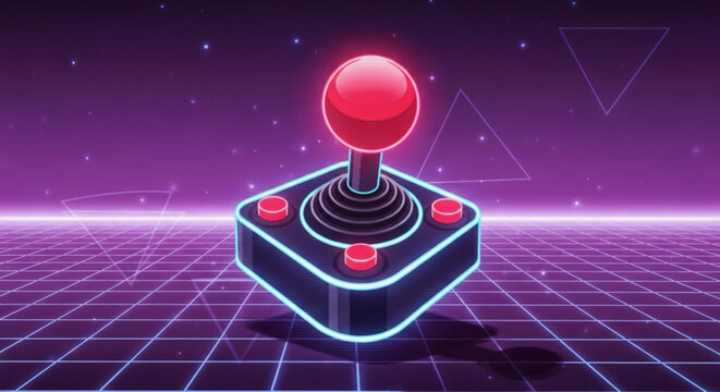 Retro arcade joystick with neon lights, a nostalgic symbol of classic video games and the 80s gaming culture, set against a grid background - Powered by Adobe