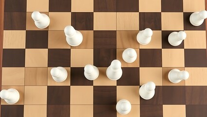 logic. A chessboard with white pieces forming an unconventional path, minimalist overhead view. tutorial guides, club newsletters, designed for sports & leisure club marketing.