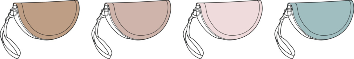 Collection of small, minimalist accessory pouches in soft pastel colors, featuring a clean design ideal for organizing earphones, coins, or tiny essentials. Versatile vector illustrations