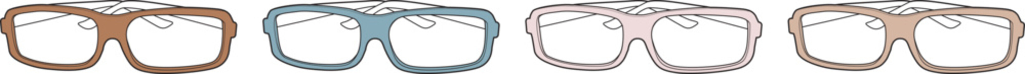 Four pairs of eyeglasses in different colors, highlighting their frames and lenses, showcasing eyewear variety
