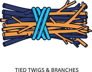 A bundle of twigs and branches tied together with a blue string, ready for use.