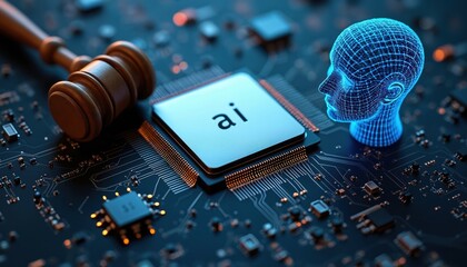 Close-up of wooden gavel rests on circuit board with ai chip, digital judge head. Image legal enforcement using artificial intelligence, EU regulations. Represents compliance, data protection within