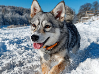 Naklejka premium A playful Klee Kai dog running in a snowy landscape