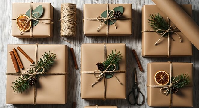 Flat lay of beautifully wrapped Christmas gifts with natural decorations like pine cones and dried oranges. - Powered by Adobe