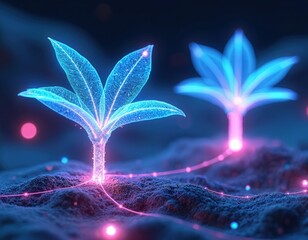 Futuristic design illustration of glowing plants. Plants show digital process of transpiration, energy transfer. Science concept is about eco system, biology. Visual graphic about nature, technology.