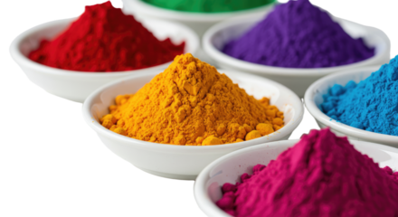 Bowls filled with vibrant colored powders including red, orange, purple, blue, and pink, perfect for celebrations and festivals