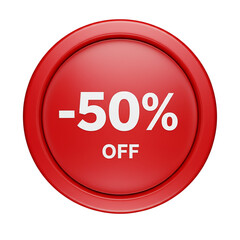 Red circular button with fifty percent off sale discount message