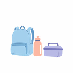 Flat Illustration School Essentials Backpack, Water Bottle, Lunchbox, Ready for Education