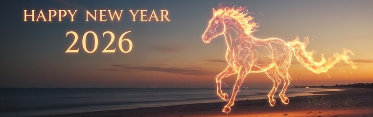 Fiery horse symbolizing New Year 2026 running by the sea with festive wishes