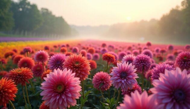 Rows of vibrant pink and red dahlias bloom in a misty morning field at sunrise. Soft sunlight filters through the fog creating a dreamy, colorful landscape perfect for nature or celebration themes.