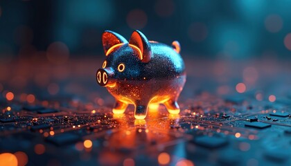 Glowing piggy bank on motherboard presents tech money savings. Futuristic pig stands on circuit board showing modern investment. Tech banking, digital finance, data, microchips, components, crypto