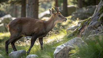 Realistic Musk Deer in natural forested mountain habitat, small deer with slender legs, tufted brown fur, and visible tusks, standing among grass and rocks, wildlife photography
