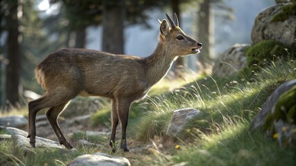 Realistic Musk Deer in natural forested mountain habitat, small deer with slender legs, tufted brown fur, and visible tusks, standing among grass and rocks, wildlife photography