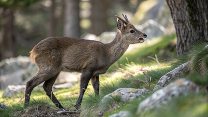 Realistic Musk Deer in natural forested mountain habitat, small deer with slender legs, tufted brown fur, and visible tusks, standing among grass and rocks, wildlife photography
