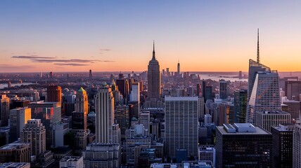 Fototapeta premium City skyline with famous landmarks glowing under sunset light, clean professional composition, modern urban architecture photography