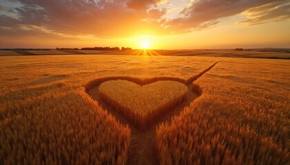 Aerial view to golden wheat field landscape at sunset. Heart shape sign on farmland. Warm sun light on horizon. Romantic scene for lovers at countryside farm.