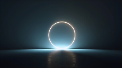 Futuristic glowing neon ring portal with bright light emanating from a dark abstract stage