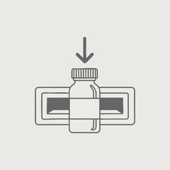 An illustration showing a bottle being inserted into a rectangular container, with an arrow pointing down.