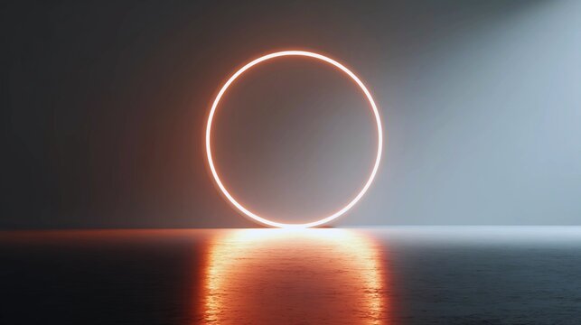 Abstract glowing neon ring with orange light reflection on dark reflective surface