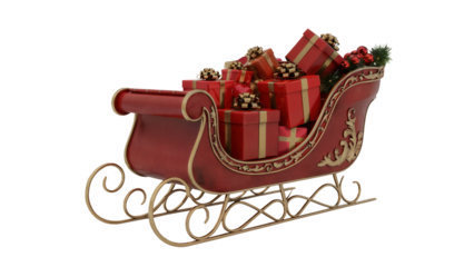 Festive red sleigh overflowing with beautifully wrapped christmas presents isolated on transparent background
