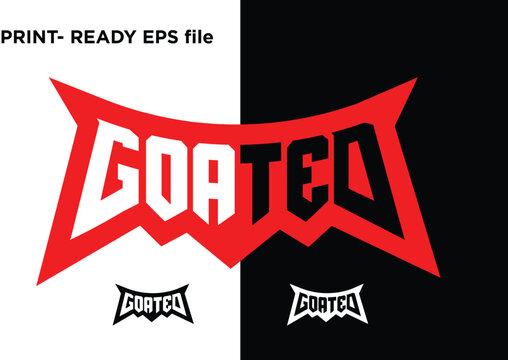 Dynamic 'GOATED' text logo in a sharp, edgy, and aggressive style with a red background and inverse black and white versions, conveying excellence, sports, gaming, and bold branding