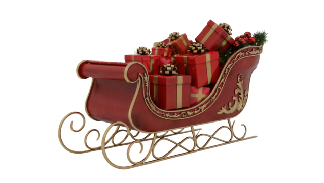 Festive red sleigh overflowing with beautifully wrapped christmas presents isolated on transparent background