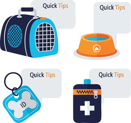 Four essential items for pet care and travel, including a carrier, food bowl, ID tag, and first aid kit, with quick tips for pet owners.