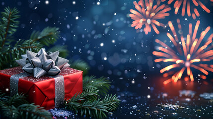 Christmas composition with red glossy gift box on green fir branches, silver ribbon, winter night sky, bright fireworks