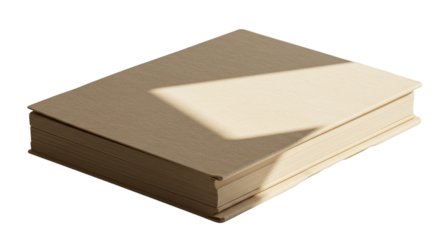 Closed beige hardcover book with textured cover in natural sunlight, isolated on white background, perfect for reading and education