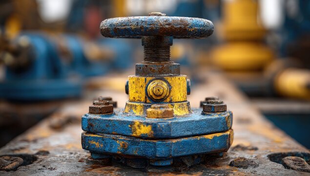 Rusty, weathered blue and yellow valve with pipelines behind - Powered by Adobe